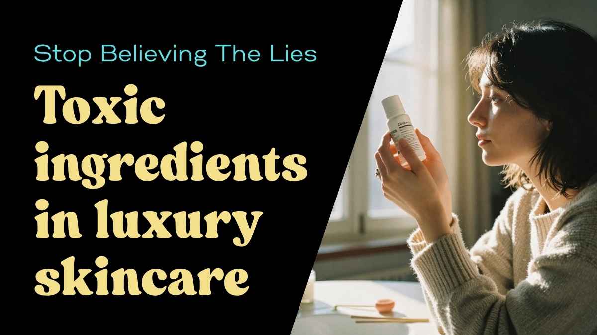 Woman reading skincare product label by a window — toxic ingredients in luxury beauty products guide