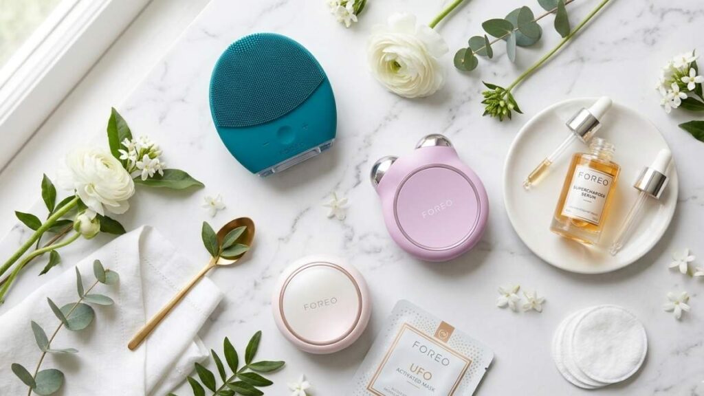 FOREO LUNA BEAR and UFO devices on marble surface — clean beauty technology guide for safe skincare