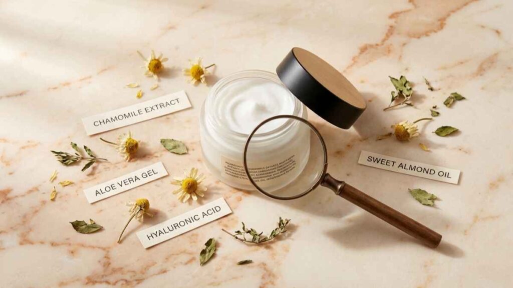 Flat lay of an open moisturizer jar with a magnifying glass over the ingredient label, representing harmful ingredients in moisturizers to avoid