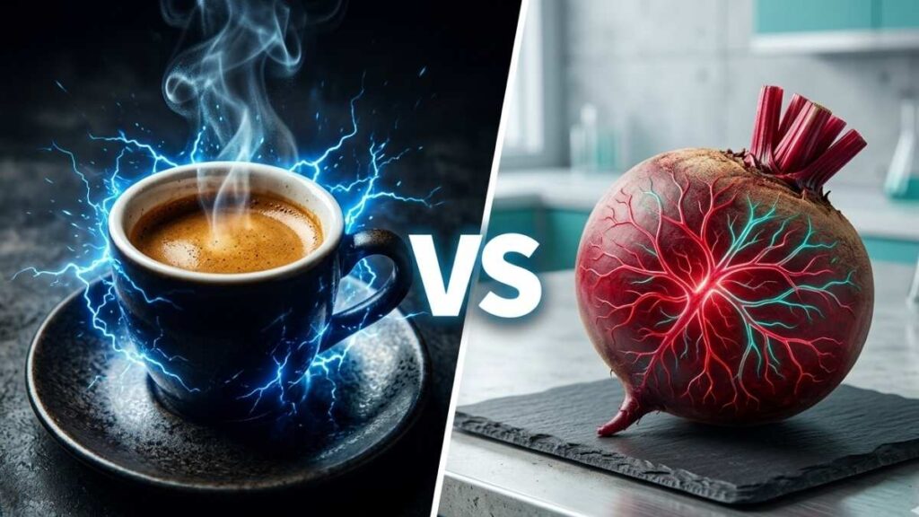 Nitric oxide vs caffeine for energy — split comparison showing espresso cup and beetroot with vascular energy lines