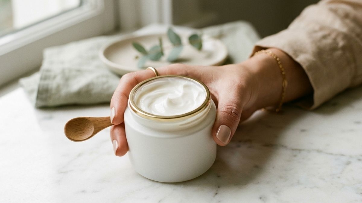 Beautiful image — premium, natural, and very on-brand. Here is your alt text based on exactly what is in the frame: Ready-to-Use Alt Text Woman's hand holding an open white body cream jar with a wooden spatula on a marble surface — is your moisturiser secretly damaging your skin barrier?