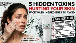 educational graphic titled "Face Wash Ingredients to Avoid" featuring a distressed face illustration with text "dry irritated stripped barrier" and a numbered list of 5 hidden toxins: 1. Sulfates (SLS/SLES), 2. Fragrance/Parfum, 3. Parabens, 4. Low pH, 5. Plastic Microbeads