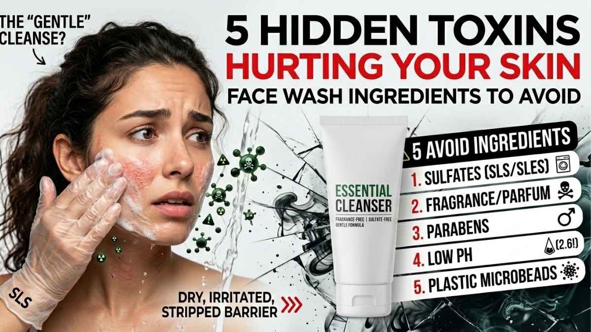 educational graphic titled "Face Wash Ingredients to Avoid" featuring a distressed face illustration with text "dry irritated stripped barrier" and a numbered list of 5 hidden toxins: 1. Sulfates (SLS/SLES), 2. Fragrance/Parfum, 3. Parabens, 4. Low pH, 5. Plastic Microbeads