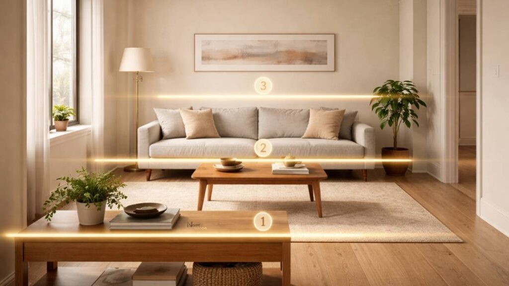 Minimalist living room with three horizontal visual pauses highlighted by glowing lines. Near layer shows a low wooden console table 4 feet from viewer. Middle layer shows the back edge of a grey sofa. Far layer shows horizontal abstract art on back wall. Diagram demonstrates how to make a small room look bigger using horizontal pauses and saccadic eye movement science.