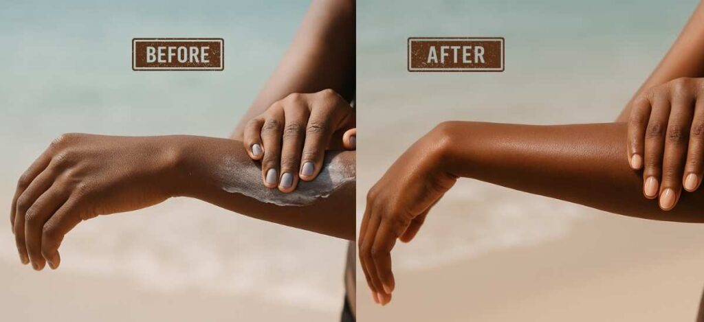 Mineral Sunscreen for Dark Skin No White Cast 
left : Deep brown skin arm with thick pasty mineral sunscreen showing visible ashy gray white cast and chalky texture under harsh lighting  
Right: Deep brown skin arm with sheer invisible mineral sunscreen fully blended in showing no white cast and natural dewy finish under warm golden light
