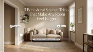 Warm inviting small living room with three behavioral science tricks highlighted. Icon 1 door symbol near empty entrance. Icon 2 horizontal line symbol showing depth layers across room. Icon 3 shadow symbol behind sofa pulled from wall. Room looks spacious with soft natural light, beige and warm white tones. Featured image for article on how to make a small room look bigger using behavioral science.
