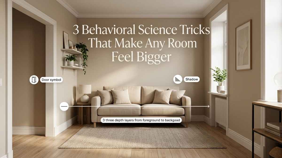 Warm inviting small living room with three behavioral science tricks highlighted. Icon 1 door symbol near empty entrance. Icon 2 horizontal line symbol showing depth layers across room. Icon 3 shadow symbol behind sofa pulled from wall. Room looks spacious with soft natural light, beige and warm white tones. Featured image for article on how to make a small room look bigger using behavioral science.